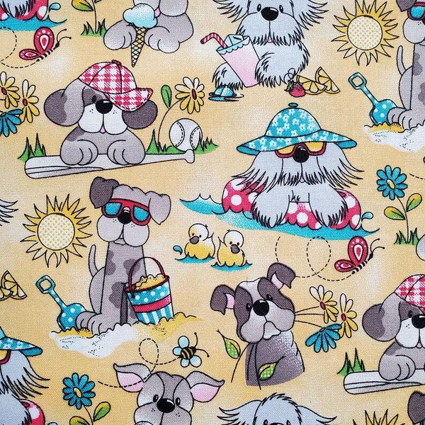 Dog fabric, Beach dog fabric, yellow beach fabric, Fabric traditions, 100% cotton, ducks butterflies, flowers bees,