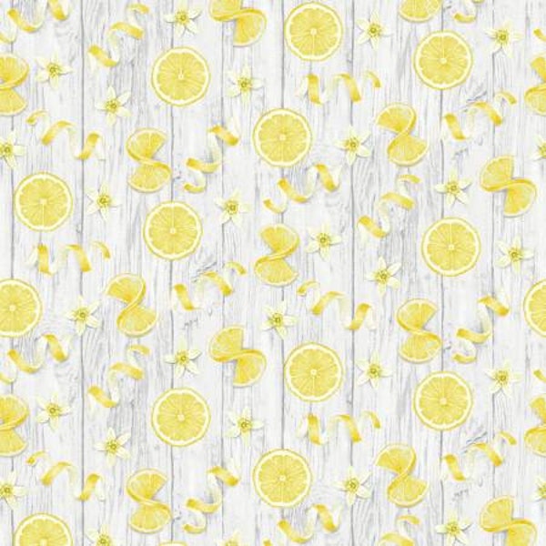 Lemon fabric, Fresh packed Lemons, lemon flowers, Yellow Tossed Sliced Lemons, 594-39, Henry Glass fabric, blue lemons twists,