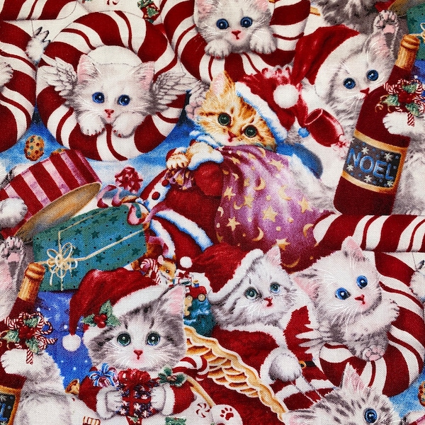 Christmas Kittens, Christmas fabric, Kitten Christmas, Furry and Bright, Santa Kittens, Studio E fabric, Red Packed Cats, 7013S-88