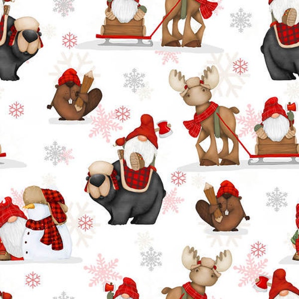 Christmas Fabric, Timber Gnomes, Henry glass fabric, Gnomes BEAVERS  Gnome fabric,  cotton quilting fabric, Reindeer Gnomies