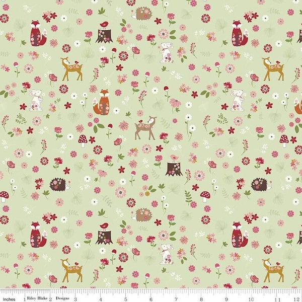 Animal fabric, Deer fox birds, Enchanted Meadow fabric, Riley BLake, Pale green animals, C11551, flowers mushrooms, bunny rabbits,