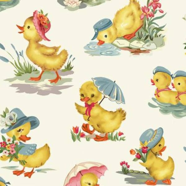 Easter Fabric, cream Easter fabric, cotton fabric, Cream Springtime For Duckling, FLLD-D183-C, Freckle and Lollie, Flowers ducks, umbrellas