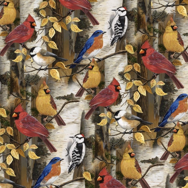 Bird fabric, Birds and trees, Cardinals birds, Wood peckers, Autumn fall birds, Davids Textiles, cotton quilting  sewing,