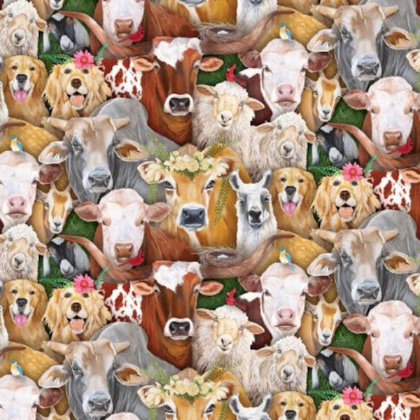 Animals farm fabric, cow sheep fabric, goats Dogs, Elizabeth's Studio, Happy Farm, 28001 multi, farm animals, 100% cotton,