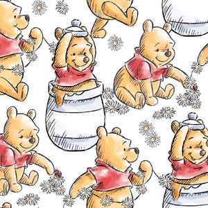 May include: A repeating pattern illustration featuring Winnie the Pooh characters in red shirts, some sitting in honey pots and others interacting with white daisy flowers and small red ladybugs on a white background.