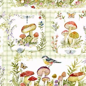 May include: A whimsical fabric design featuring watercolor illustrations of mushrooms, butterflies, dragonflies, and a small bird. The pattern includes a light green grid background with floral and foliage accents, creating a charming, nature-inspired aesthetic.