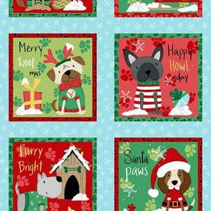 May include: A fabric panel featuring Christmas-themed dog illustrations. Each square has a red or green background with a dog dressed in festive attire. Text includes "naughty or nice", "dashing thru the snow", and "Merry Woofmas".