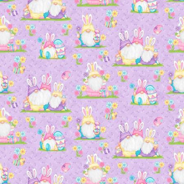 Easter Fabric, Easter Gnomes Eggs, Hoppy Easter, Shelly Comiskey, Lavender Easter Gnomies Scenic, 564-55, Lavender Gnomes,