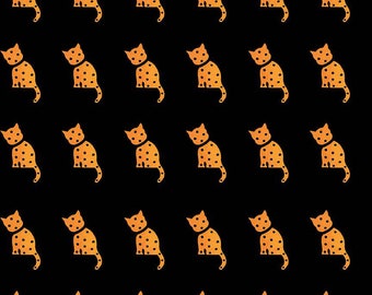 May include: A black background with a repeating pattern of orange cats. The cats are all facing forward and have a spotted pattern.
