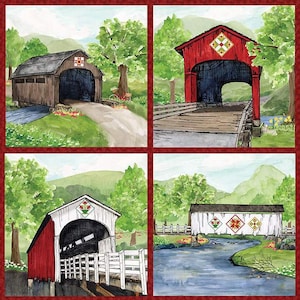 May include: A fabric panel featuring four watercolor paintings of covered bridges. Each bridge is depicted in a different setting, with varying colors and architectural styles. The panel has a red border.
