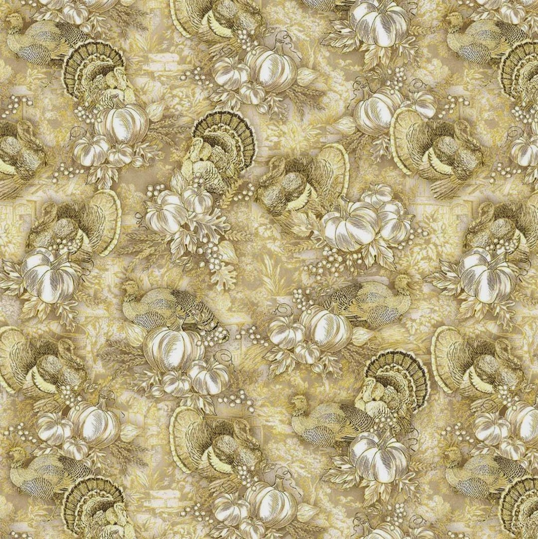 Thanksgiving Material Turkey and Pumpkins, Thanksgiving Fabric, Autumn Leaf, Harvest Toile ...