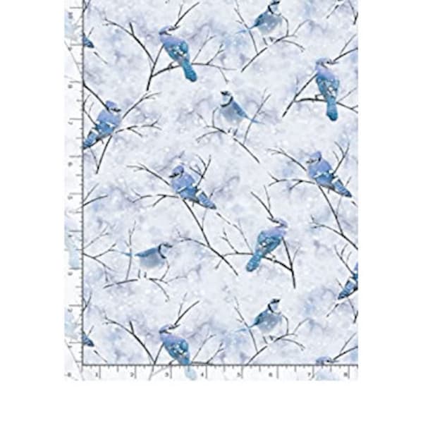 Bird fabric, Winter birds, Blue jays winter, tree and birds, Timeless Treasures, CD 1218, Blue birds tree, blue birds winter ,