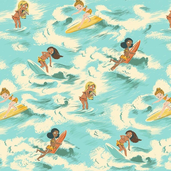 Ocean fabric, surf Board fabric, surfing girls, Windham fabric, summer beach, 100% cotton, Malibu fabric, 52145-2 Sayulita, Aquamarine