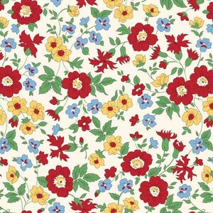 May include: A seamless pattern featuring red, yellow, and blue flowers on a cream background. The flowers are stylized and have a vintage look.
