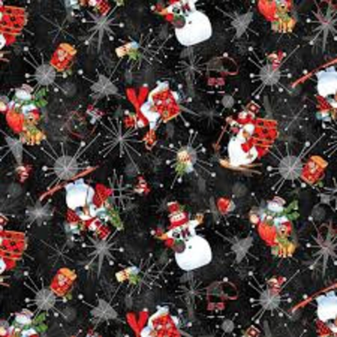 Christmas Fabric, Dog Christmas Fabric, Snow Dog Express, Snowmen Black