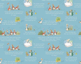 Peter Rabbit fabric, Beatrix Potter, Riley Blake, cotton quilting, C14701-BLUE, The Tale of Peter Rabbit, Peter Text Blue, words and Peter,