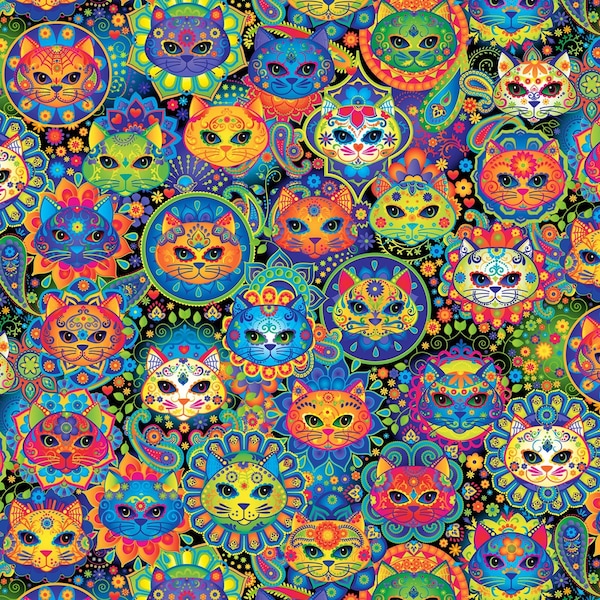 Cat fabric, cute cats, Cat C7817 Multi, Sugar Skull Cats, Timeless Treasures, cotton woven, 100% cotton, Cat C7817,