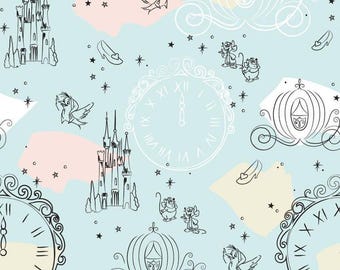 Disney Princess fabric, Disney fabric,  cotton fabric quilting, Springs Creative, Cinderella Outline, blue castles, princess castles,