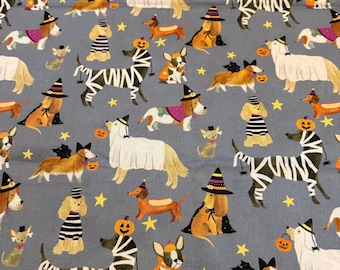 Halloween dogs, Halloween fabric, 100% cotton, Dear Stella, pumpkins, Ghost Hats, stars spiders, Dogs Sleet,  D2810,