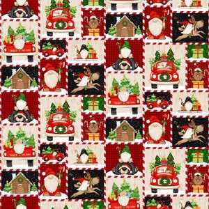 May include: A red and white patterned fabric with a repeating design of Christmas-themed illustrations. The illustrations include a red truck with a Christmas tree, a gnome, a reindeer, a house, and a bear. The fabric is perfect for crafting projects like quilts, pillows, and bags.