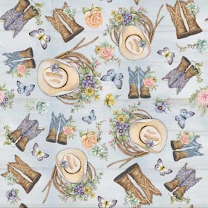 May include: A repeating pattern featuring cowboy boots, hats, butterflies, and floral arrangements in pastel colors. The boots are brown and blue, the hats are tan, and the butterflies are light blue. The floral arrangements include roses and succulents.