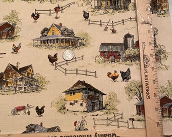 Farm fabric, old barns, Rooster Chicken fabric, Farm Animals, Fabric Traditions, 100 % cotton quilting, chickens on farm, farm