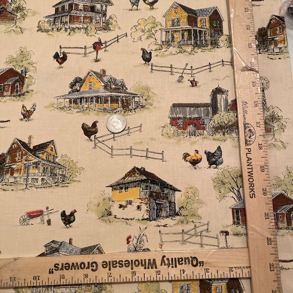 Farm fabric, old barns, Rooster Chicken fabric, Farm Animals, Fabric Traditions, 100 % cotton quilting, chickens on farm, farm