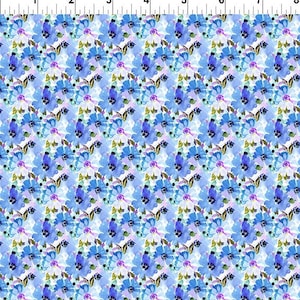 May include: A seamless pattern featuring a repeating design of blue, purple, and white watercolor flowers on a white background.