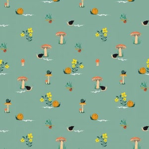 May include: A seamless pattern featuring a variety of forest elements on a teal background. The pattern includes mushrooms, snails, ladybugs, and yellow flowers.