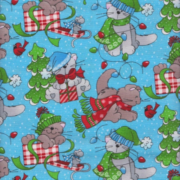 Christmas cats, Christmas fabric, Holiday cats blue, Blue Christmas, Fabric Traditions, Winter cats blue, Christmas Kittens,  100 % cotton