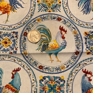 Rooster fabric, PRE CUT, blue rooster,  Morning bloom rooster, 100% cotton quilting chicken fabric, DATWA-5797-9C-1, Morning Bloom Medallion
