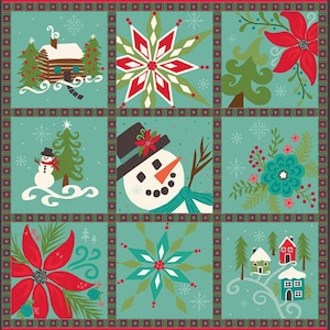 May include: A teal blue patchwork quilt design with a winter theme. The quilt features a cabin, a snowman, a snowflake, a poinsettia, a Christmas tree, and a village.