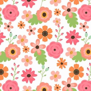 May include: A seamless pattern featuring a variety of pink, orange, and green flowers on a white background. The flowers are stylized and have a simple, whimsical design.