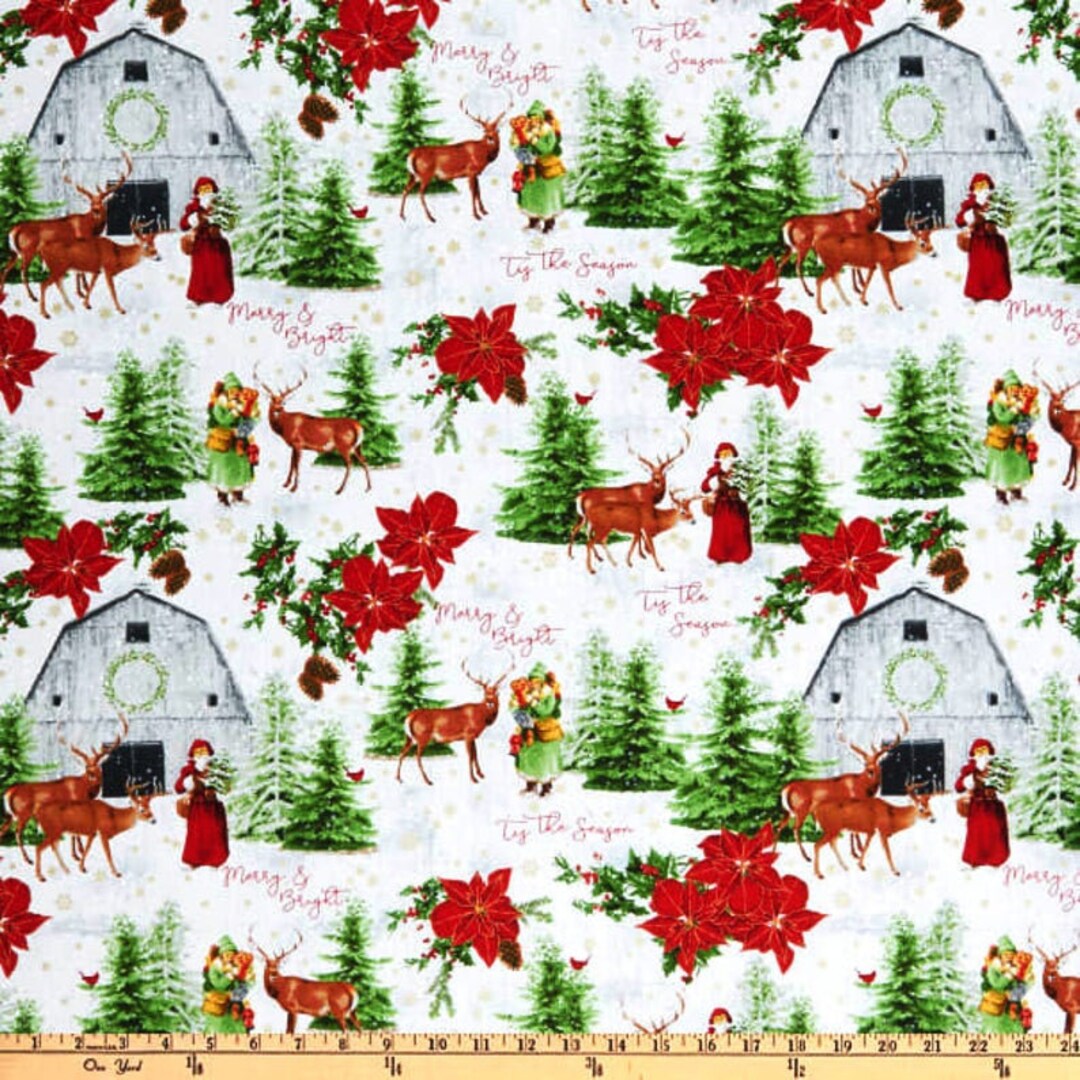 Comfort and Joy Fabric, Christmas Barn, Santa Reindeer, Windham Fabric
