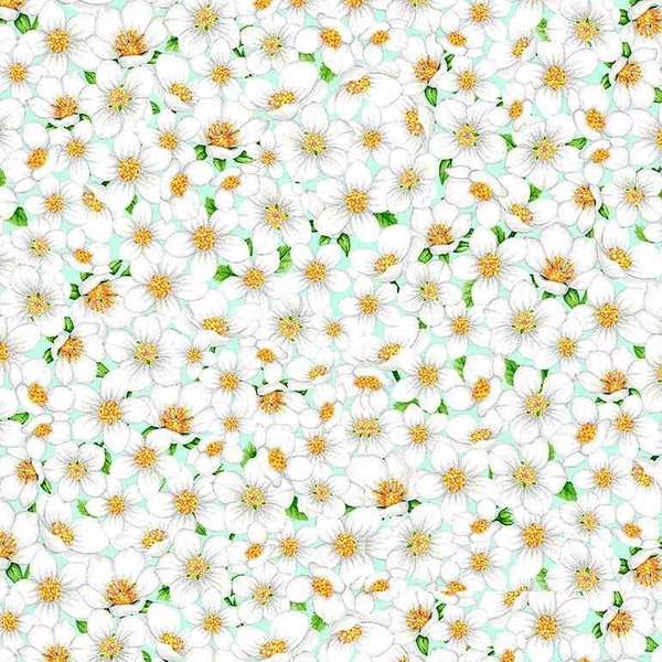 White blossoms, floral fabric, Timeless Treasures fabric, white flowers, fleur C1 050, white mint flowers,