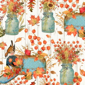 May include: A seamless pattern featuring a white background with blue mason jars filled with fall foliage, a blue mailbox with a red flag, and small birds. The pattern is accented with orange and red leaves, berries, and flowers.