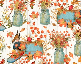 May include: A seamless pattern featuring a white background with blue mason jars filled with fall foliage, a blue mailbox with a red flag, and small birds. The pattern is accented with orange and red leaves, berries, and flowers.