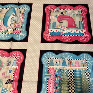 May include: A fabric panel featuring four distinct sewing-themed illustrations. Each illustration is framed in a black and white border with a pink or blue background. The illustrations include a sewing machine, an iron, spools of thread, and fabric scraps.