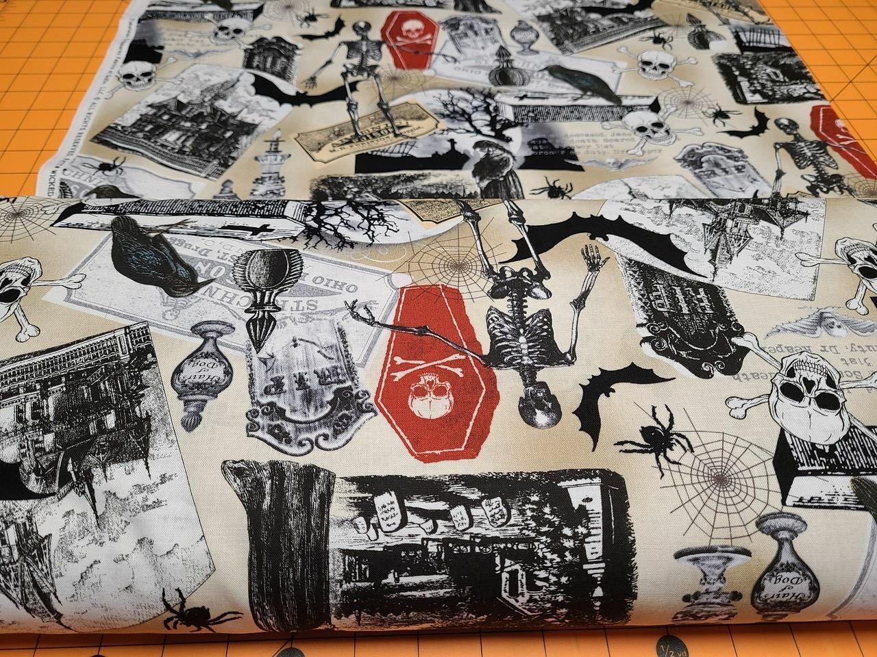 Halloween fabric, Timeless Treasures, Spooky Collage, C8636 Black, Multi Spooky Collage, Black birds, Haunted Houses,