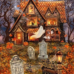 May include: A spooky Halloween scene featuring a haunted house with glowing windows, pumpkins, and ghosts. A witch flies across the full moon. Tombstones, a wrought iron gate, and autumn leaves complete the eerie setting.