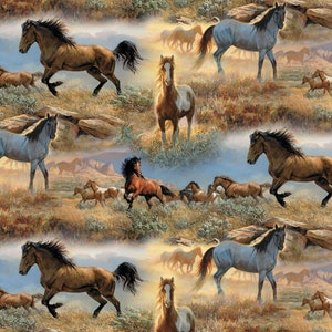 Horse fabric, Horses in the Prairies, running horses,  cotton quilting fabric, sewing, David's textiles, Wild Wings, Wild horses.