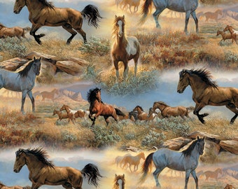 Horse fabric, Horses in the Prairies, running horses,  cotton quilting fabric, sewing, David&#39;s textiles, Wild Wings, Wild horses.