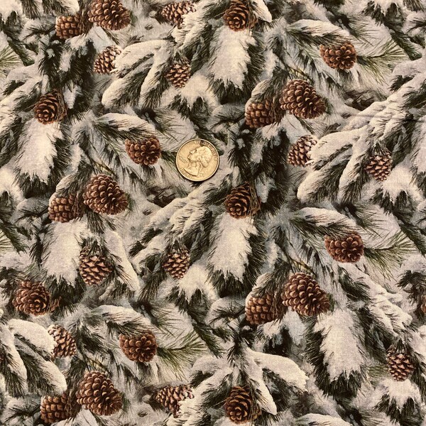 Snow Covered pines, pinecones fabric, pine branches,  Springs Creative fabric, 100% cotton fabric, quilting sewing