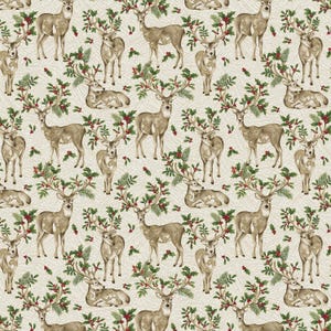 May include: A repeating pattern featuring detailed illustrations of deer with large antlers adorned with holly and berries. The deer are in various poses, standing and lying down, against a cream-colored background with a subtle textured pattern. The design has a festive, holiday theme.