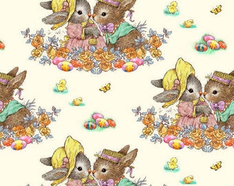 Easter Fabric, Easter Egg  fabric, cream Easter fabric, Bunny Tails fabric, Henry Glass fabric, baby chicks, Easter Bunny,  cotton fabric,