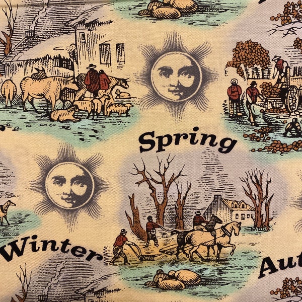 Seasons fabric, Seed packets fabric, Old Farmers Almanac, Spring Summer, Fall winter,  Yankee Publishing Inc. cotton sewing fabric,