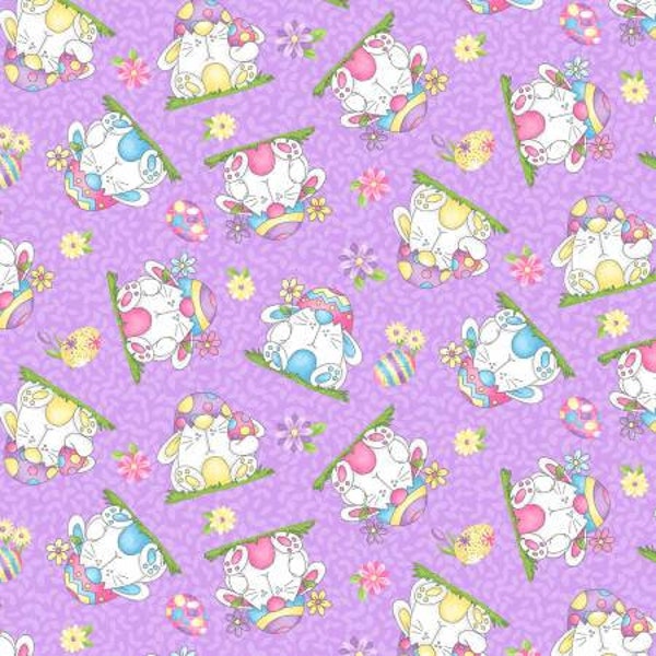 Easter Fabric, Easter Gnomes Eggs, Hoppy Easter, Lavender Bunnies Tossed, 561-55, Shelly  Comiskey, Henry GLass, Lavender Easter,