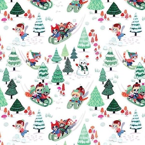 May include: A white fabric pattern featuring illustrated cats in winter gear. The cats are shown sledding, skiing, and building a snowman among green pine trees and small red and pink mushrooms. The design includes snow-covered ground details.