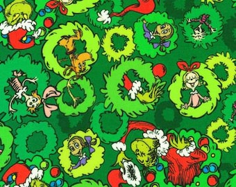 Grinch Fabric, Dr. Seuss, Christmas Fabric, Dr. Seuss Holiday, Ho Ho Ho fabric, Robert Kaufman, Wreaths Pine, ADED22566274, green Grinch