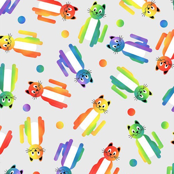 cat fabric, Pawsitivity,  In The Beginning fabric, cotton sewing, 3 PAW 2, fabric, colorful cats, rainbow cats, Cat and dots,